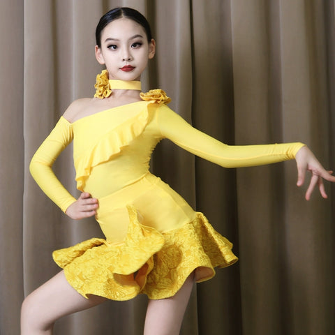 Latin Dance Dresses for Girls Yellow Black Pink Slant Neck One Shoulder Long Sleeves Salsa Rumba Chacha Latin Performance Outfits for Kids