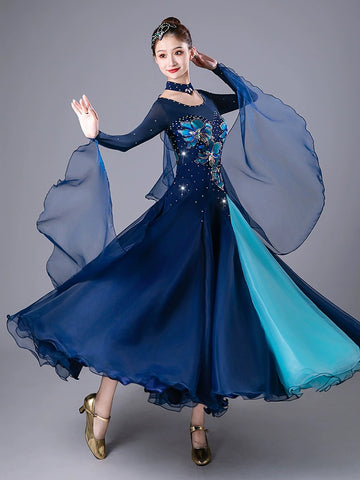 Navy Red Competition Ballroom Dance Dresses for Women Girls Diamond Waltz Tango Foxtrot Rhythm Performance Costumes