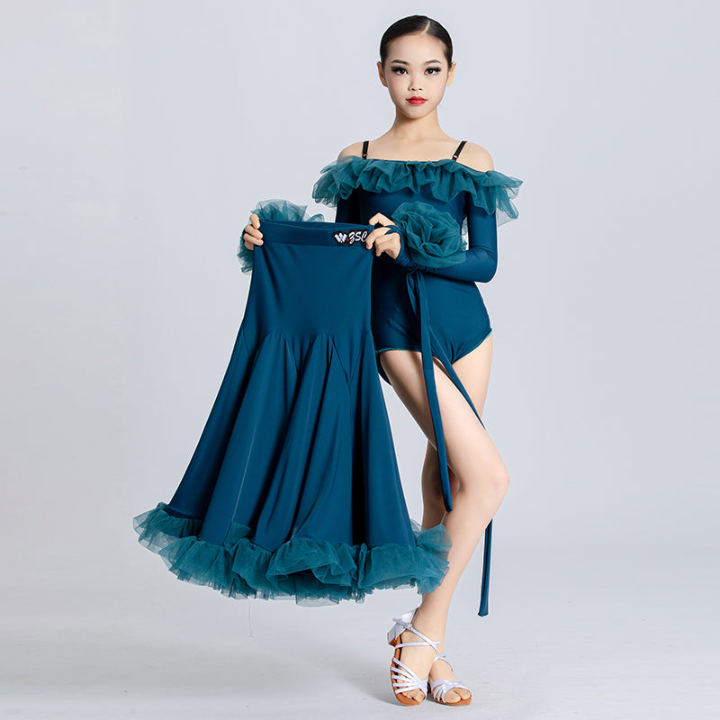 Kids Blue Ballroom Dance Dresses for Girls Children Dew Shoulder Waltz Tango Rhythm Dancing Skirts Party Performance Clothes