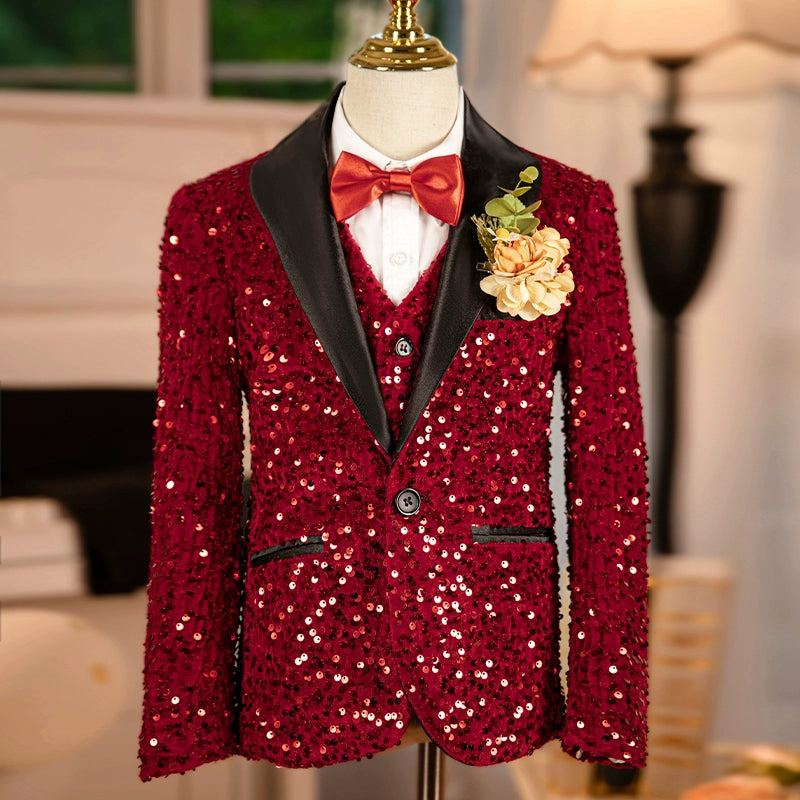 Boys Red Sequins Jazz Dance Coats Kids Singers Host Choir Model Piano Performance Blazers Wedding Party Flowers Boys Jackets Photos Shooting Suit