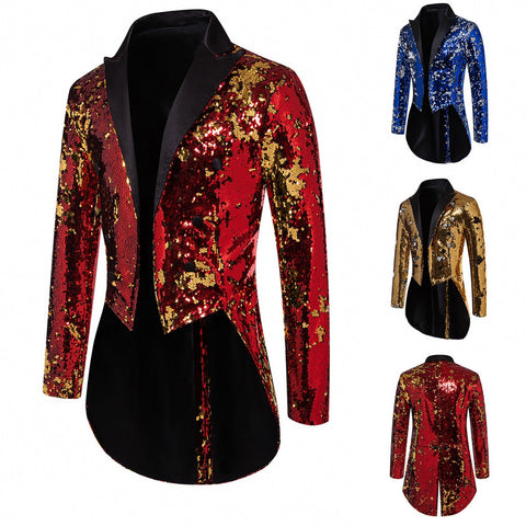 Men's gold red blue sequin jazz dance coats Magician singers nightclub bar dj ds performance long tuxedo jackets Wedding party Banquet outwear