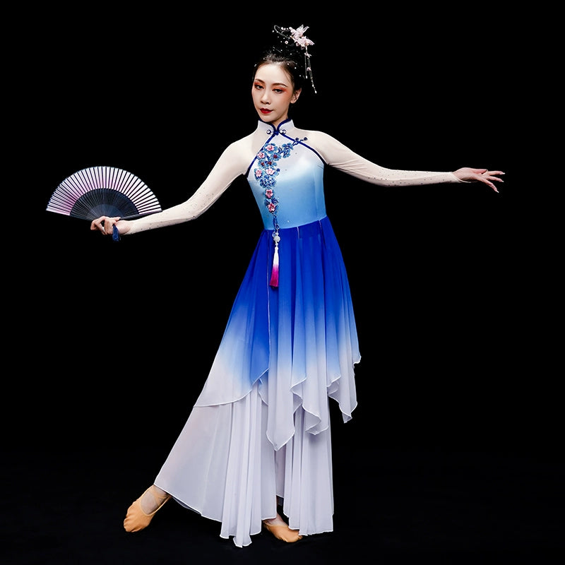 Chinese folk Classical Dance Costume for women girls Elegant  Blue fan umbrella Yangge Dance Costume Solo Dance wear hanfu