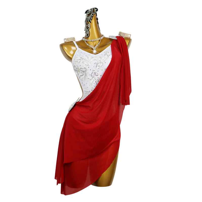 Slant Neck Red Latin Dance Dresses for Women Girls Flowy Salsa Rumba Chacha Dancing Costumes