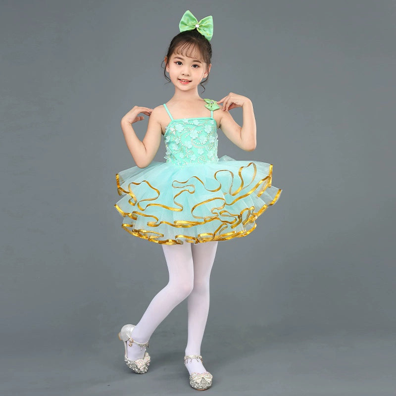 Children's Green Flowers Jazz Dance Dresses Ballet Tutu Skirts Birthday Party Ball Gown Girls Fancy Princess Dress for Kids