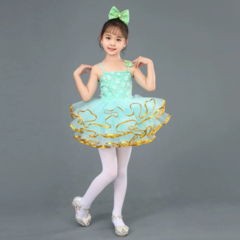 Children's Green Flowers Jazz Dance Dresses Ballet Tutu Skirts Birthday Party Ball Gown Girls Fancy Princess Dress for Kids