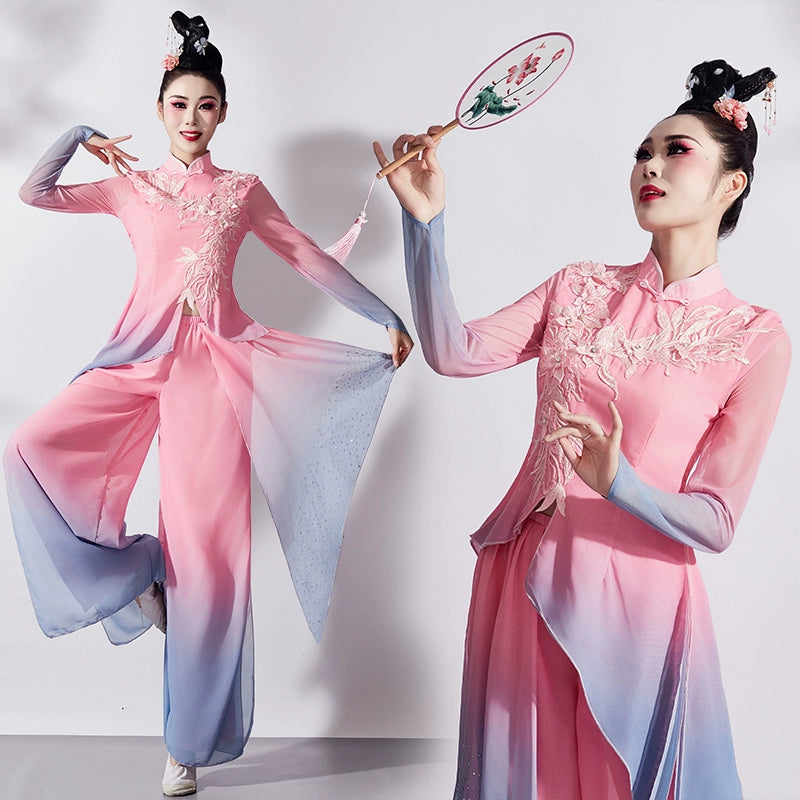 Chinese folk dance costumes women girls pink Jiaozhou Yangge dress fairy hanfu fan umbrella classical dance square dance clothes