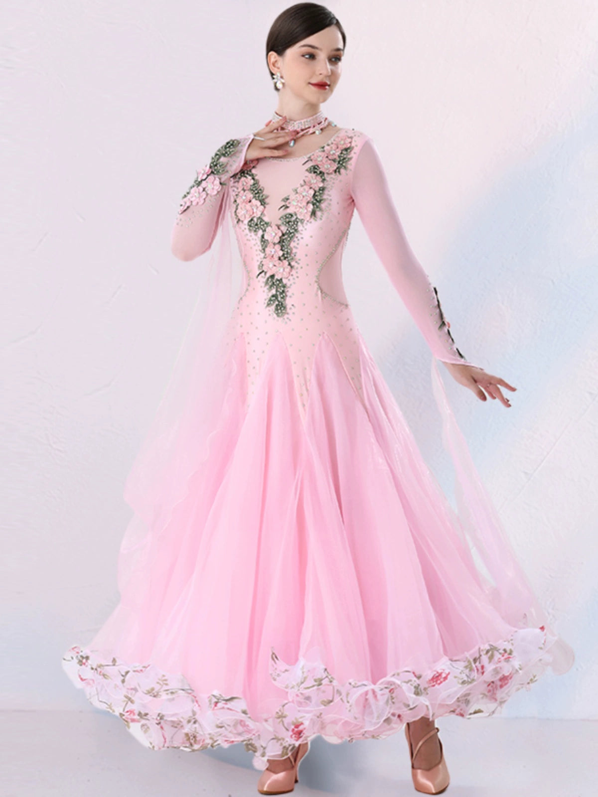 Women's Competition ballroom dance dresses for girls white pink blue waltz tango foxtrot rhythm moving dance long gown with float sleeves