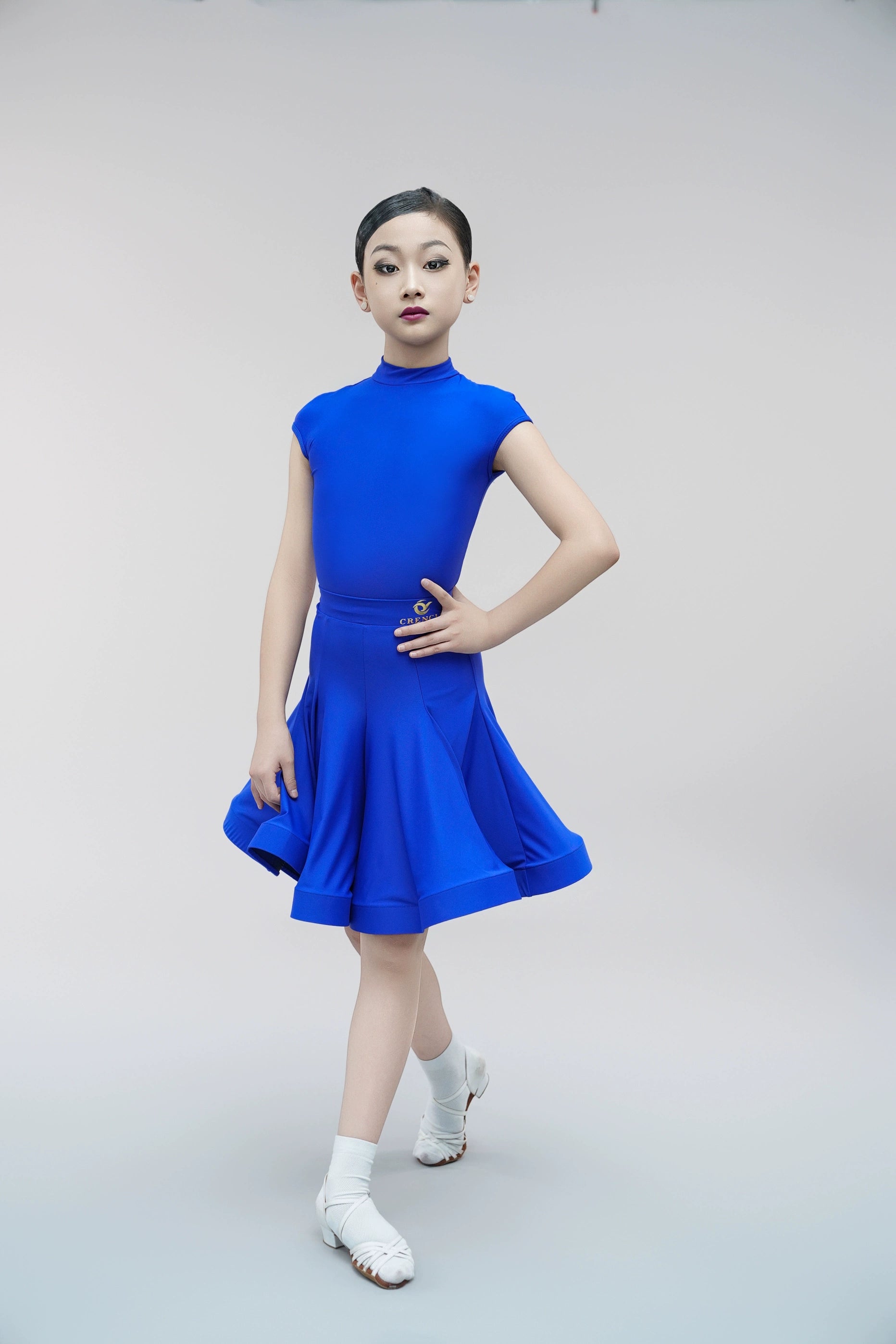 Children's Latin dance dresses for girls kids blue purple white turtleneck latin ballroom salsa competition outfits short sleeve fishbone skirt