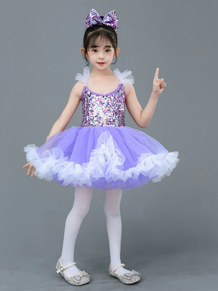 Girls light purple sequined tutu skirt ballet princess dress kindergarten kids modern jazz dance costume