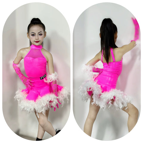 Girls Pink with White Feather Latin Dance Dresses Competiton Stage Performance Salsa Rumba Chacha Party Dancing Costumes for Kids