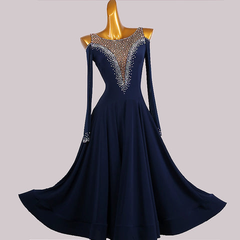 Custom Size Handmade Competition Navy Ballroom Dance Dresses for Women Girls Hollow Shoulder Waltz Tango Foxtrot Smooth Dance Long Gown for Female