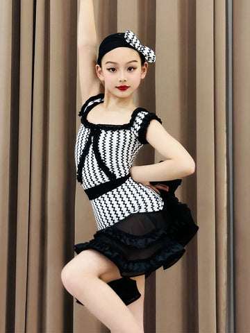 Black white plaid Latin dance dresses for kids girls salsa rumba latin stage performance dance uniforms for children