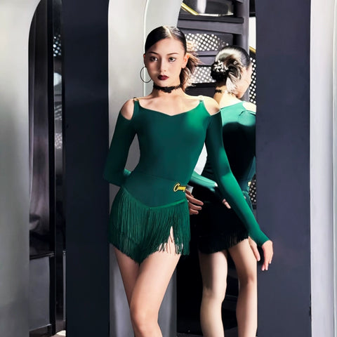 Girls Dark Green Fringe Latin Dance Dresses Kids Salsa Rumba Chacha Performance Dance Outfits Long Sleeves Hollow Shoulder