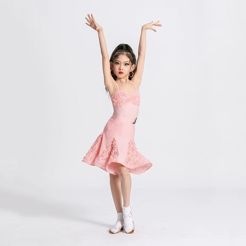 Children's pink rose flowers latin dance dresses girls salsa rumba chacha dance outfits flower dance wear for kids