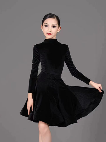 Girls Kids Latin Dance Dresses Black Royal Blue Turtleneck Velvet Long Sleeves Fishbone Ballroom Latin Salsa Training Practice Dance Competition Uniform