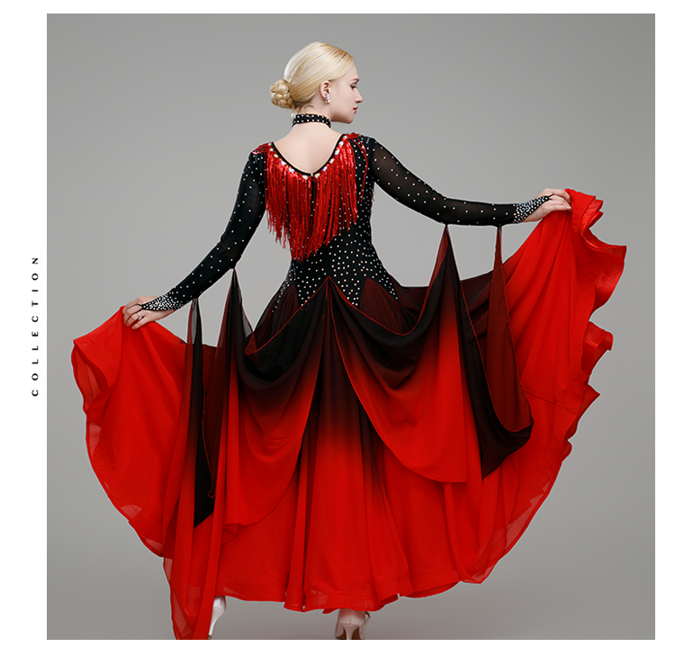 Gradient Red White Competition Ballroom Dance Dresses for Women Girls Waltz Tango Squin Fringe Modern Dance Skirt Party Dancing Gown