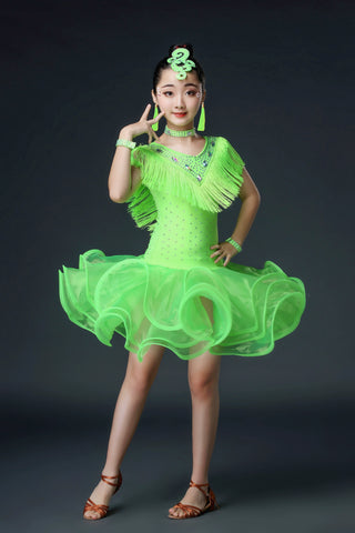 Kids Girls Competition Tassel Latin Dance Dresses Orange Red White Green Salsa Chacha Latin Party Performance Costume