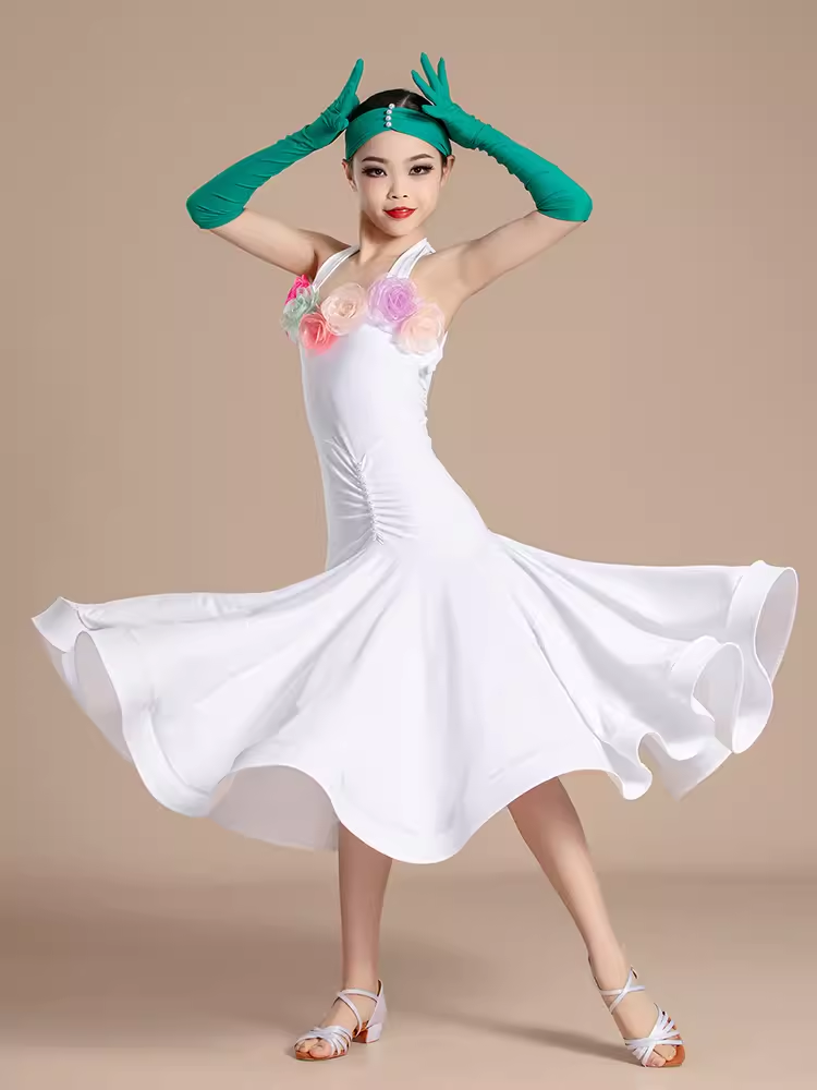 Children's white colorful flowers ballroom dance dresses kids ballroom waltz tango competition dance outfits for girls