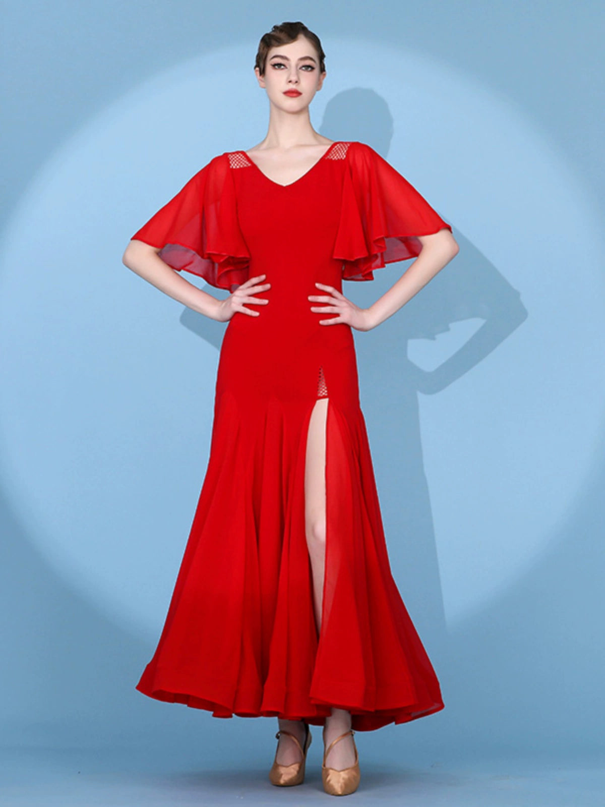 Flying sleeve red black white ballroom dance dress for women girls side slit modern waltz tango foxtrot smooth waltz practice gown