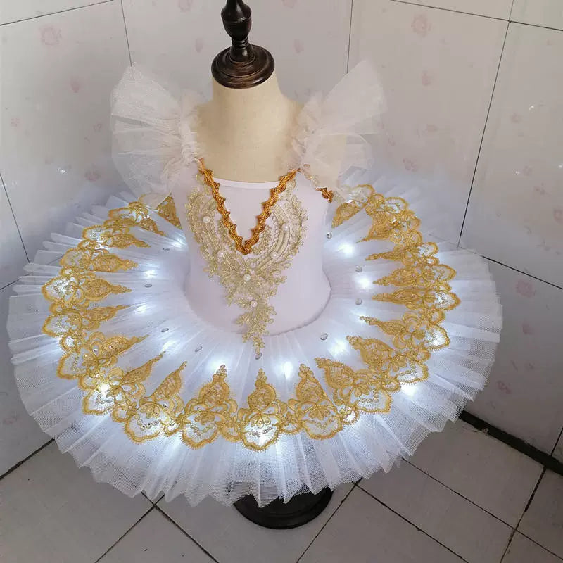 Children's LED Light White Tutu Skirt Kids Ballerina Little Swan Lake Ballet Dance Dress Paty Dress up Flat Tutu for Girls