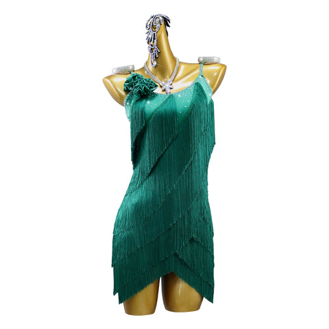 Professional Dark green fringe competition Latin dance dresses for women girls samba salsa chacha competition performance grading solo