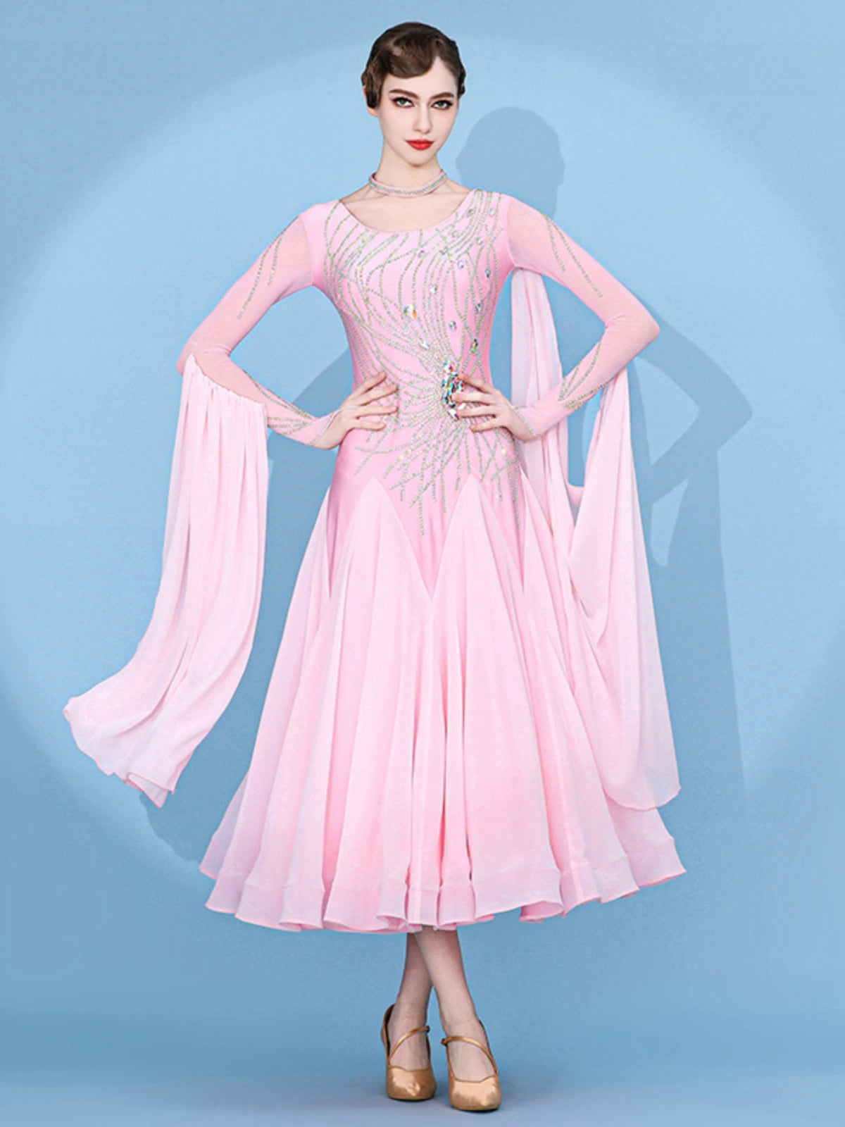 Custom size pink gemstones competition ballroom dance dresses for women girls kids Modern waltz tango foxtrot smooth rhythm performance gown