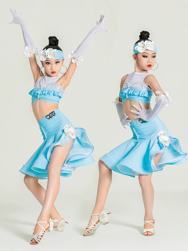 Children's light blue flowers Latin dance dresses kids salsa rumba ballroom regulations competition performance training clothing for girls