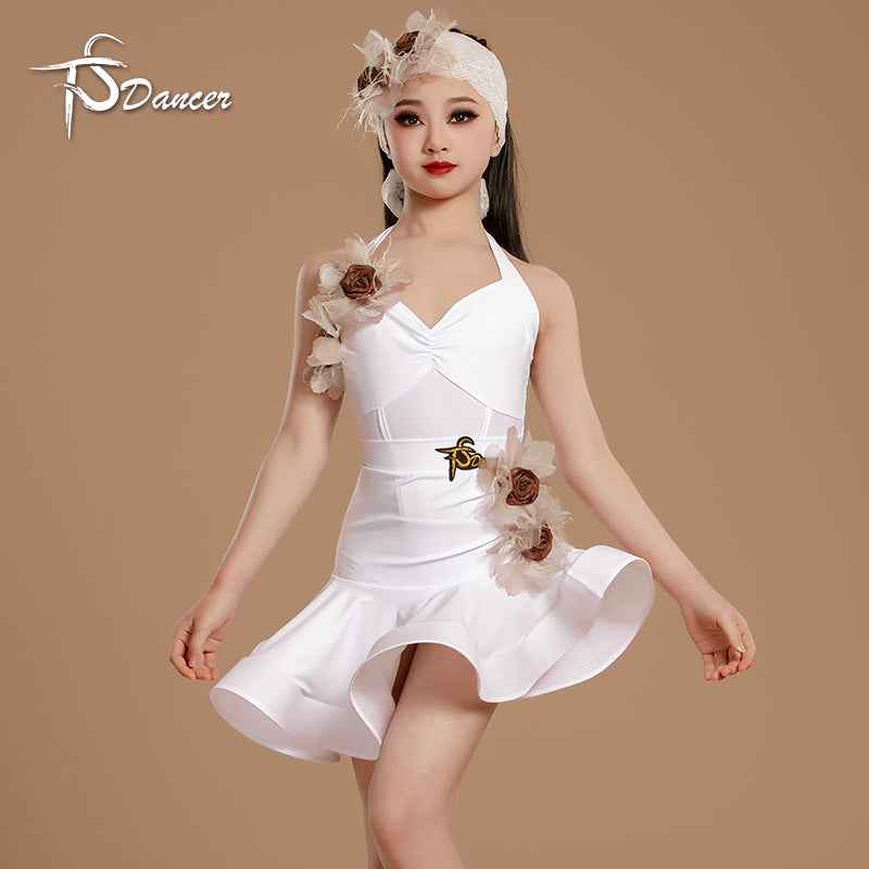 Black White Flowers Latin Dance Dresses for Girls Kids Salsa Rumba Dance Irregular Skirts with headband