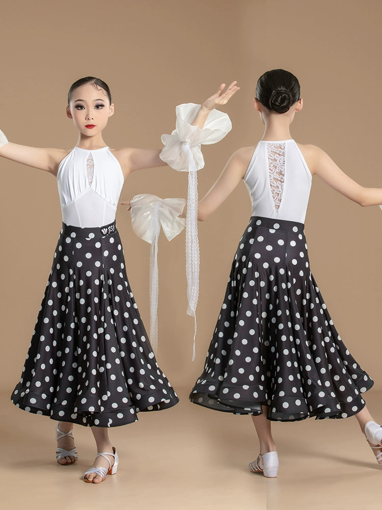 White Lace Polka Dot National Ballroom Dance Dresses for Kids Girls Competition Waltz Tango Party Performance Skirts