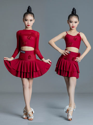 Girls Kids Red Ballroom Salsa Latin Dance Costumes Salsa Rumba Latin Stage Performance Tops and Pants Party Dancing Outfits