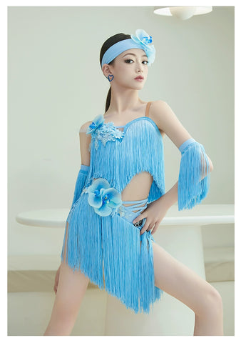 Pink Blue Fringe Latin Dance Dresses for Kids Children's Latin Salsa Ballroom Performance  Catwalk Model Performance Costumes Girls