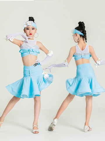 Children's light blue flowers Latin dance dresses kids salsa rumba ballroom regulations competition performance training clothing for girls