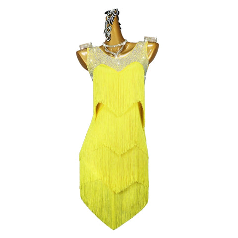 Yellow Latin dance fringed dress competition ballroom salsa rumba chacha dance costumes professional art exam flower solo clothes