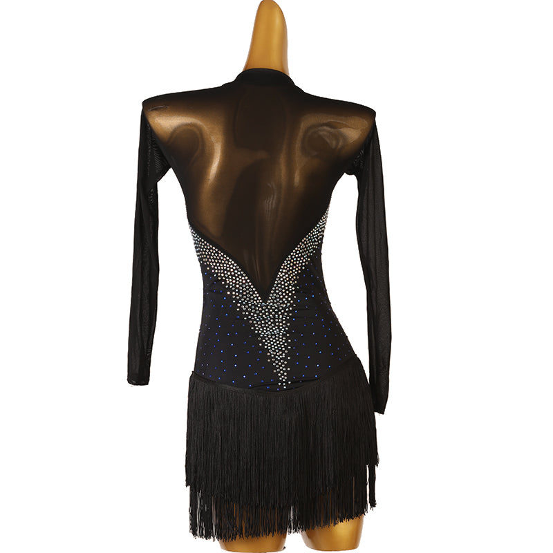 Black Stones Fringe Latin Dress Dresses for Women Girls Salsa Rumba Chacha Jive Side Slit Performance Costumes