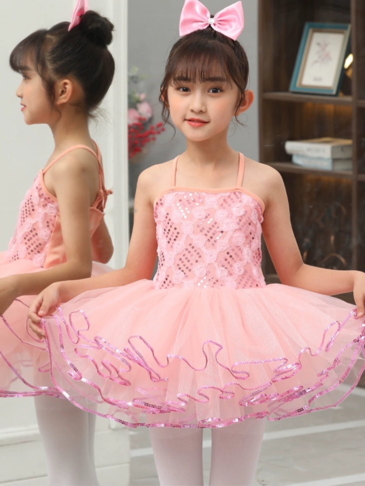 Children Pink Green Sequin Jazz Dance Dress Tutu Skirts Ballet Dress Toddler Pianist Princess Choir Performance Costumes