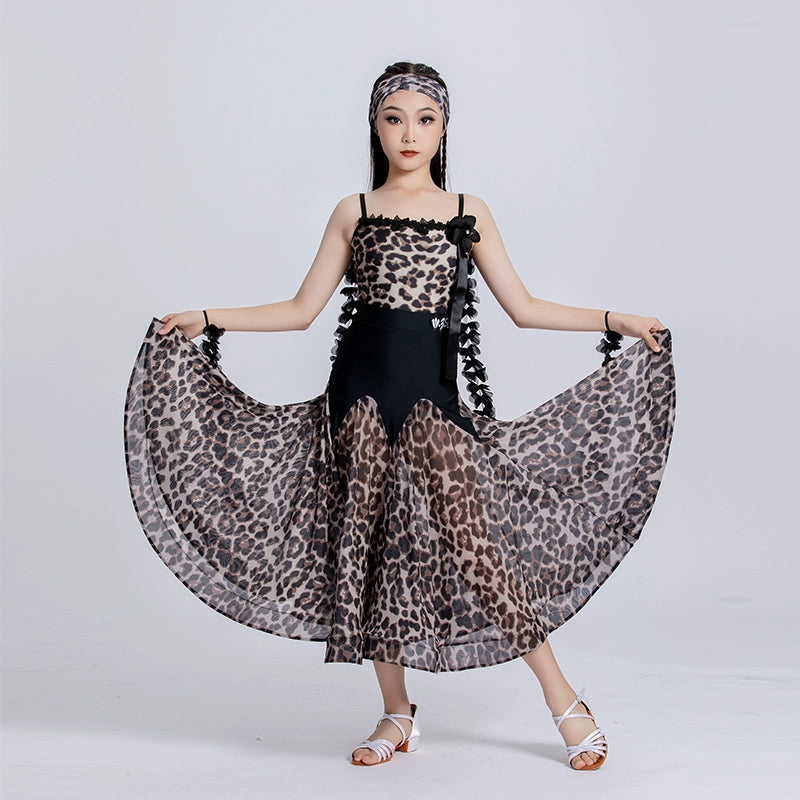 Leopard Printed Ballroom Dance Dresses for Kids Girls Professional Waltz Tango Foxtrot Smooth Dance Party Performance Gown for Children