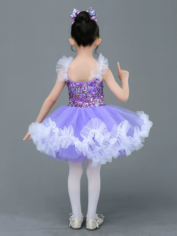 Girls light purple sequined tutu skirt ballet princess dress kindergarten kids modern jazz dance costume