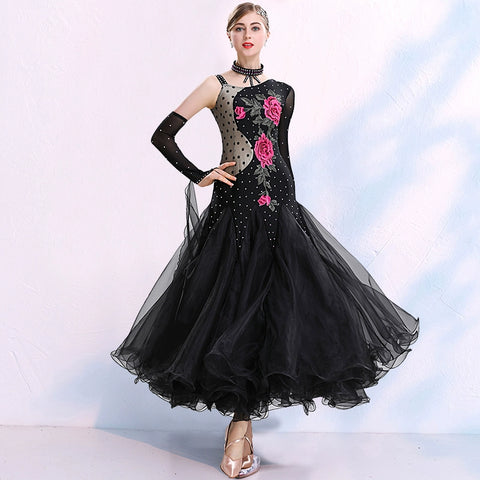 One Shoulder Black Ballroom Dance Dresses for Women Girls Rose Flowers Adult Female National Standard Social Dance Waltz Tango Performance Gown