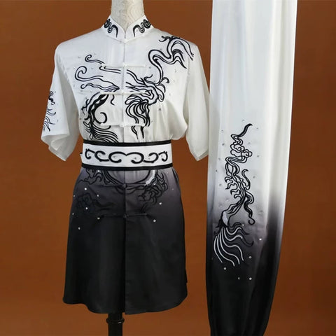 Customized size Tai chi clothing competition chinese kungfu uniforms for unisex Black white gradient embroidery martial arts clothes Changquan Nanquan suit