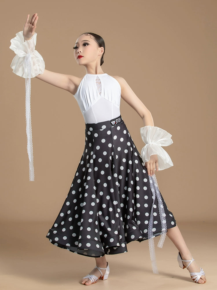 White Lace Polka Dot National Ballroom Dance Dresses for Kids Girls Competition Waltz Tango Party Performance Skirts