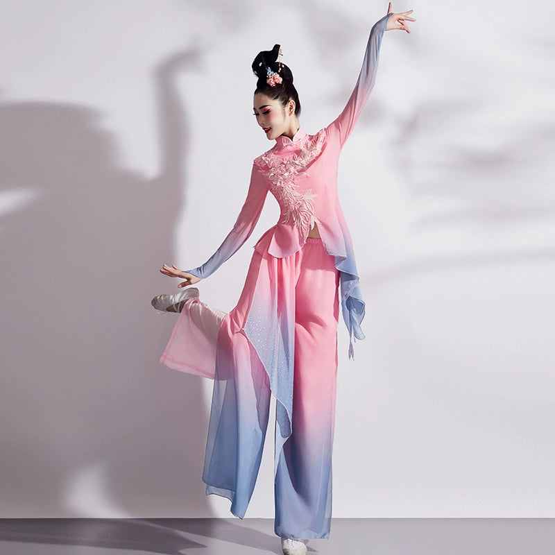 Chinese folk dance costumes women girls pink Jiaozhou Yangge dress fairy hanfu fan umbrella classical dance square dance clothes