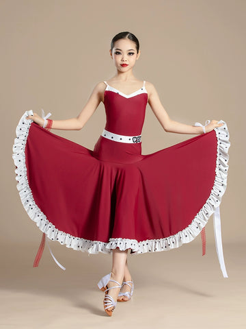 Red polka dot Latin ballroom dance dresses for kids girls national ballroom waltz tango dance costumes art test performance outfits