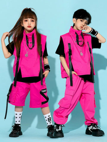 Fuchsia Pink Jazz Street Hip-hop Dance Costumes for Girls Boys Rapper Singers Gogo Dancer Performance Clothes Catwalk Show Clothing