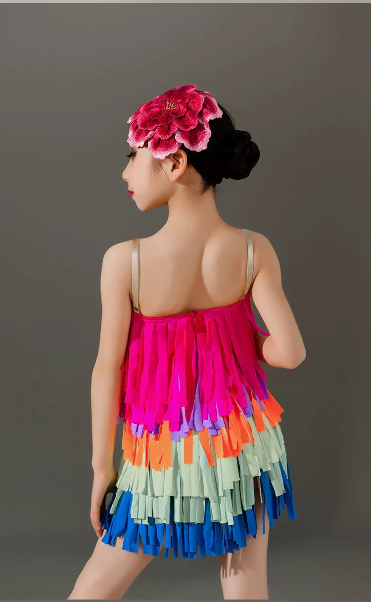 Children rainbow fringe competition Latin dance dresses kids girls ballroom salsa rumba chacha  performance clothes