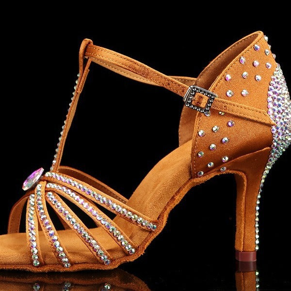 Rhinestones Competition Latin Dance Shoes for Women Girls Indoor Style Soft Soles Waltz Tango Cha Cha Jive Dancing Sandals 8cm Heel