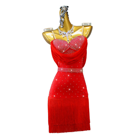 Custom Size Rhinestones Red Fringe Latin Dance Dresses for Women Girls Kids Art Contest Salsa Rumba Cha Cha Jive Dancing Costume Senior Dance Wear