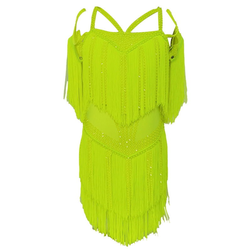 Competition Neon Yellow Latin Dance Dresses for Girls Kids Latin Salsa Rumba Chacha Performance  Fringe Sparkling Dance Costumes