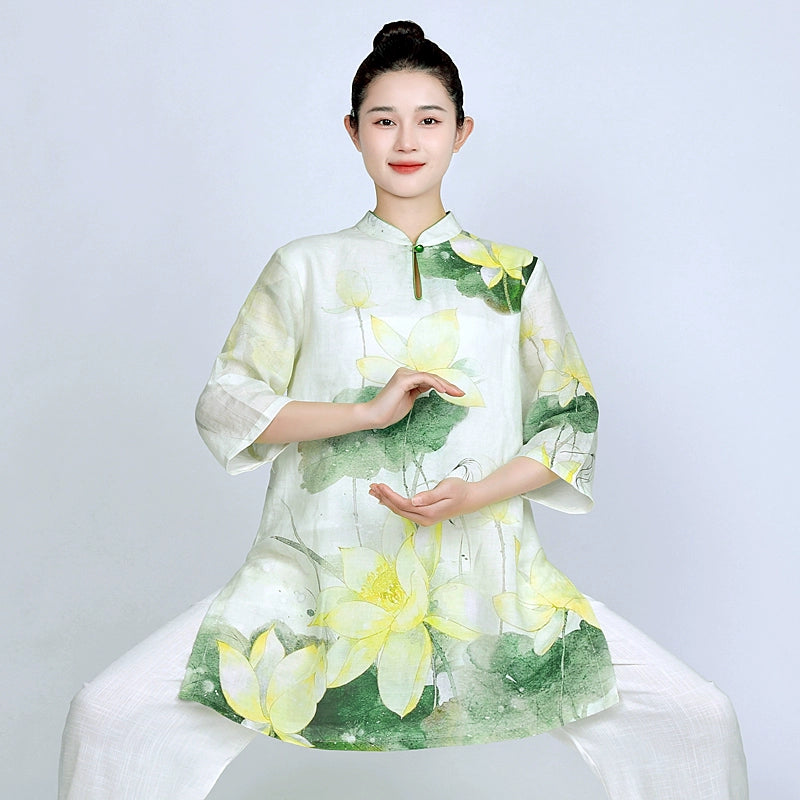 Tai Chi clothing for women green lotus linen breathable wushu martial art chinese kung fu morning exercises performance uniform for female