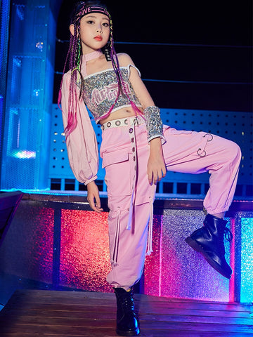 Children's pink sequined jazz street hip hop dance costumes glitter rapper singer model show trend performance clothes cargo pants for girls