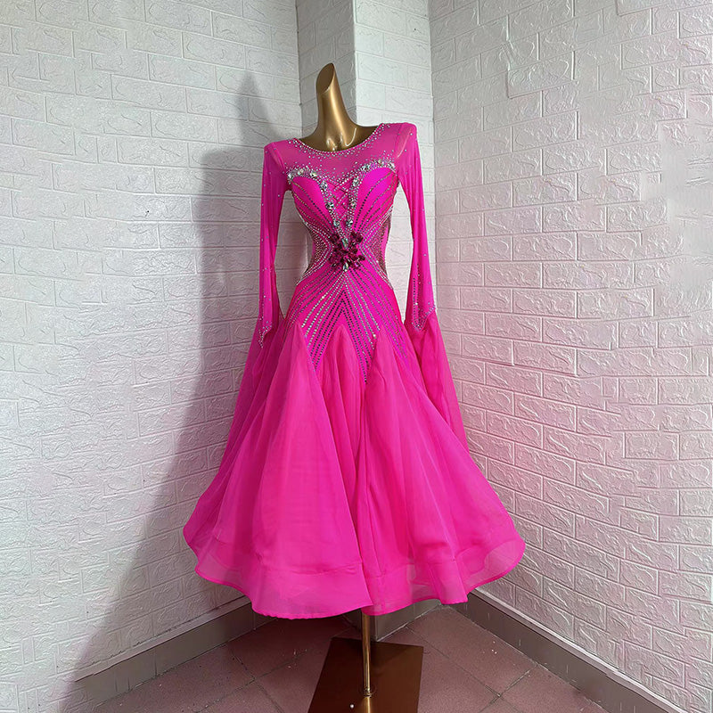 Customized Size Fuchsia Ballroom Dance Dresses for Women Girls Competition Stones Tango Waltz Performance Long Gown